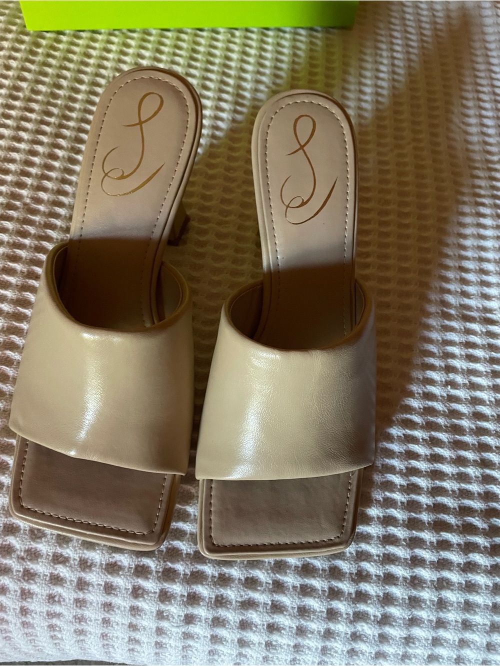 Stuart Weitzman Beige Square-Toe Slide Mules